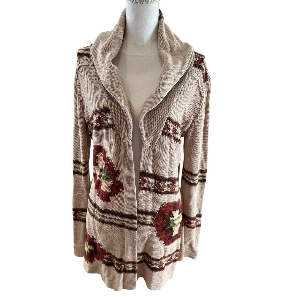 Lucky Brand Southwestern Aztec Print Cardigan Sweater Beige L